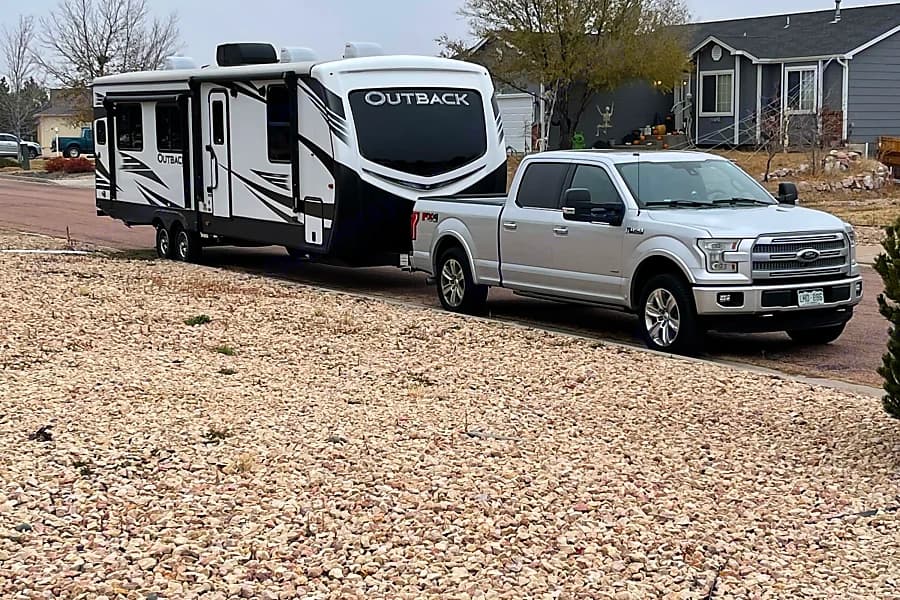 Keystone Outback 37ft travel trailer RV rental in Huntsville Alabama — exterior